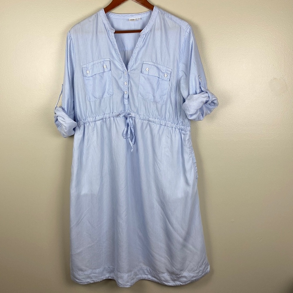 Gap Maternity Woman’s Xl Blue and White Vertical Stripe Shirt Dress Tie Waist